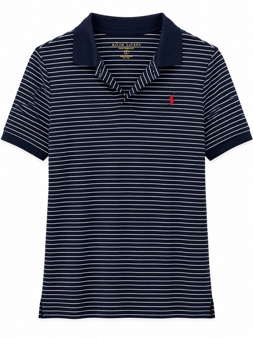 Ralph Lauren Navy & White Striped Polo with Red Pony Emblem